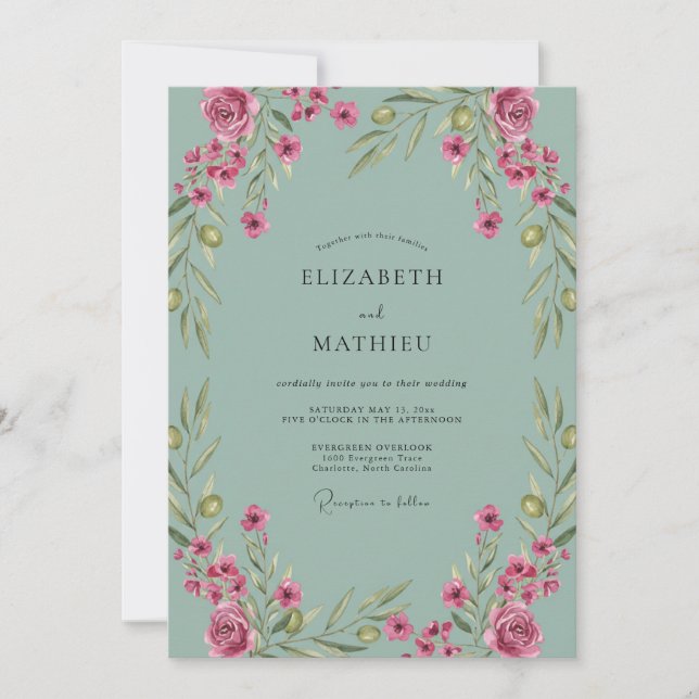 Dusty Aqua Wildflower Wedding Invitation (Front)