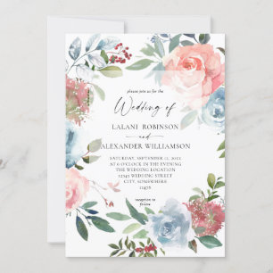 Dusty Baby Blue & Pink Blush 2 Floral Wedding Invi Invitation