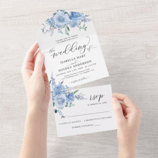 Dusty Baby Light Blue Floral Botanical Wedding All In One Invitation (Tearaway)