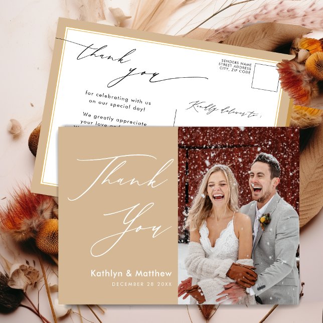 Dusty Beige Elegant Script Chic Wedding Thank You Postcard (Creator Uploaded)