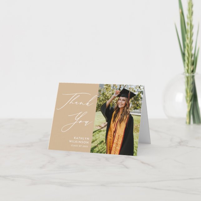 Dusty Beige Elegant Script Minimalist Graduation Thank You Card (Front)