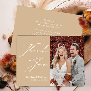 Dusty Beige Elegant Script Modern Photo Wedding Thank You Card