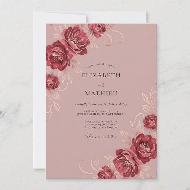 Dusty Berry Peony Wedding Invitation (Front)