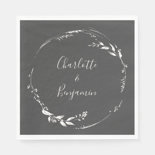 Dusty Black Floral Wreath Calligraphy Personalized Napkin (Front)