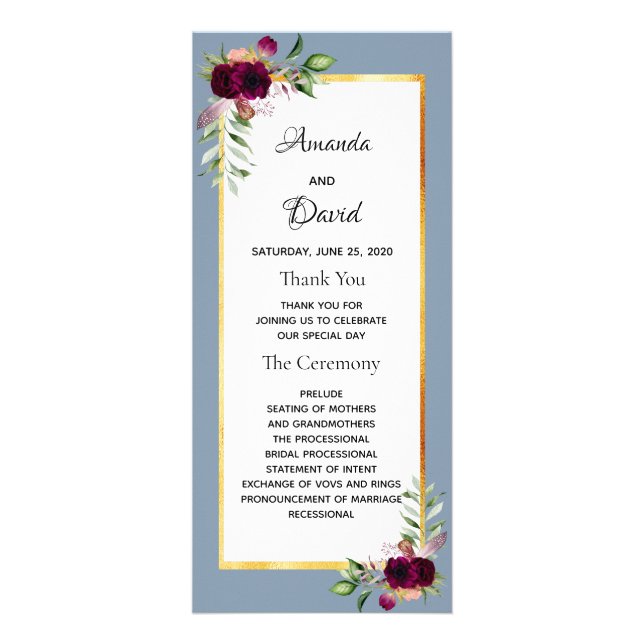 Dusty bleu bordeaux programme de mariage florales (Devant)