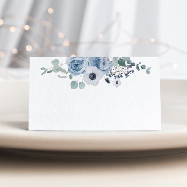 Dusty bleu élégante anemone mariage place carte (Créateur téléchargé)