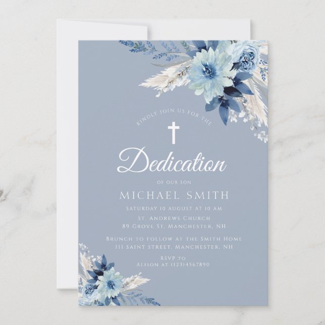 Dusty bleu floral moderne invitation dédicace (Devant)