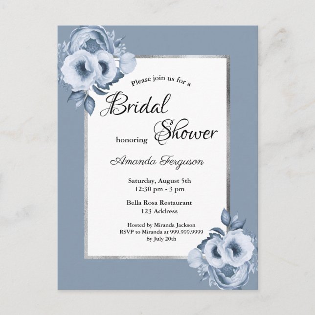 Dusty bleu florales invitation à la douche nuptial (Devant)