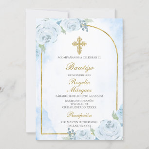 Dusty bleu garçon Baptême espagnol Invitation