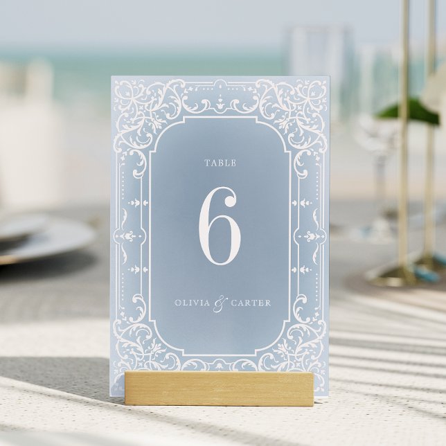 Dusty bleu romantique carte de table de mariage (Dusty blue romantic vintage wedding table card)
