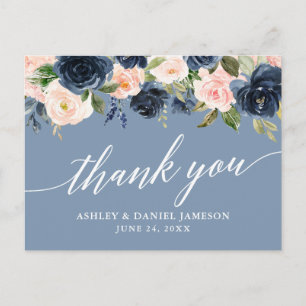 Dusty bleu rose Mariage Floral Merci carte postale