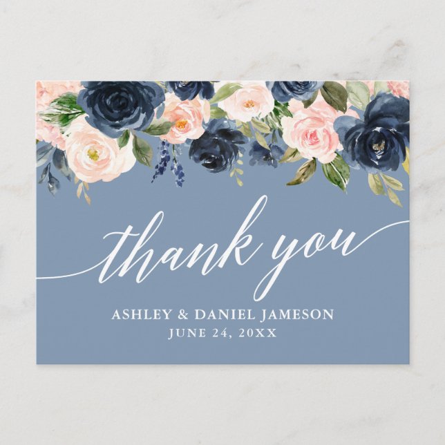 Dusty bleu rose Mariage Floral Merci carte postale (Devant)