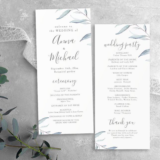 Dusty bleu verdure minimum programme de mariage ru (Dusty blue minimal greenery rustic wedding program)