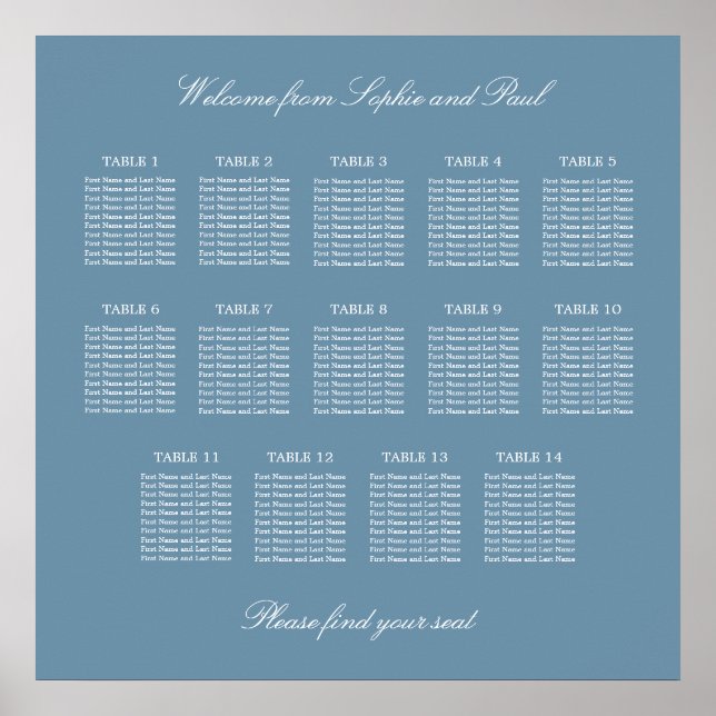 Dusty Blue 14 Table Wedding Seating Chart Poster (Front)