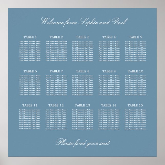 Dusty Blue 15 Table Wedding Seating Chart Poster (Front)