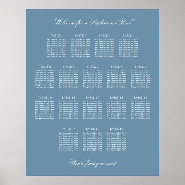 Dusty Blue 17 Table Wedding Seating Chart Poster (Front)