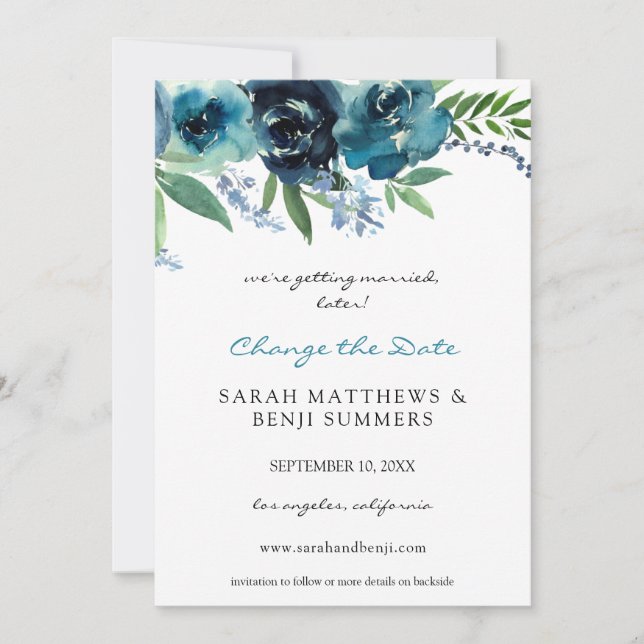 Dusty Blue 2 Floral Change the Date (Large) Invitation (Front)