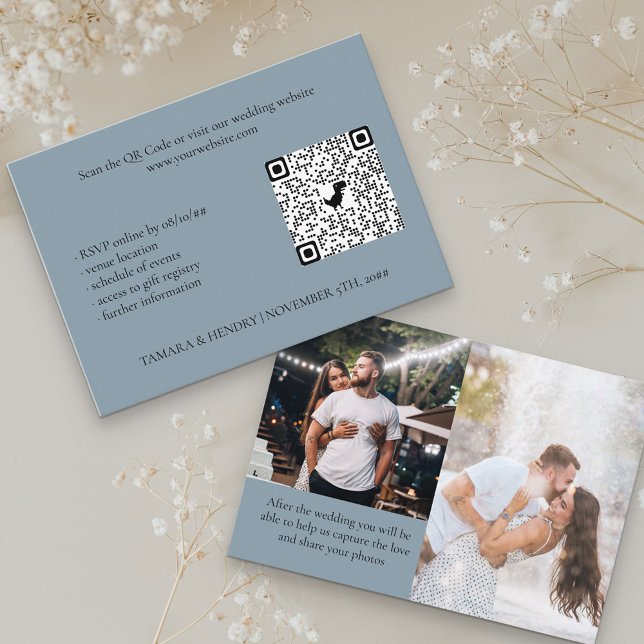Dusty Blue 2 Photo Online RSVP QR Code Wedding Enclosure Card (Creator Uploaded)