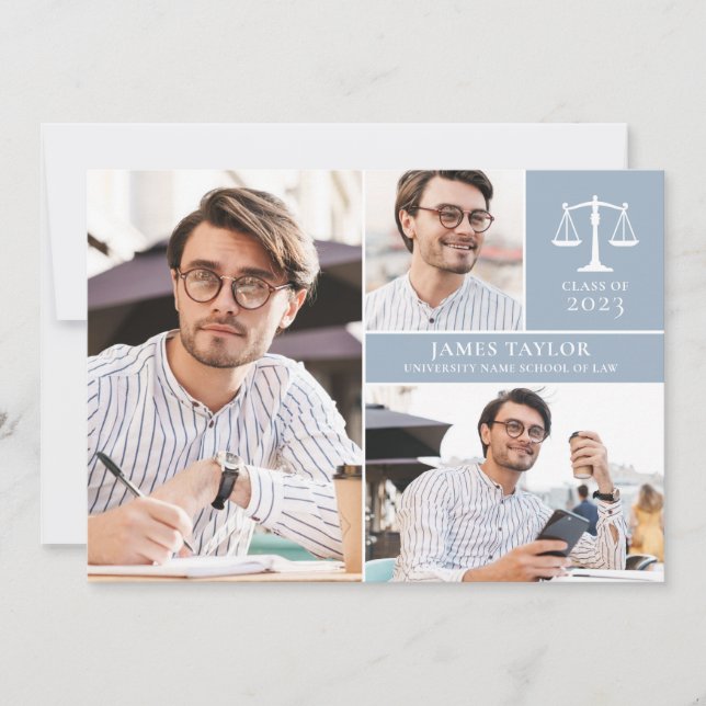 Dusty Blue 3 Photo Law School Graduation Party Invitation (Front)