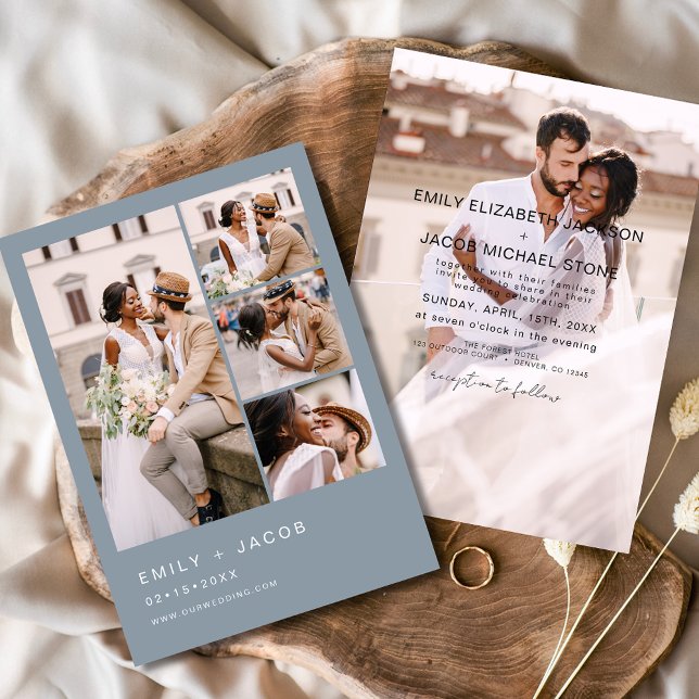 Dusty Blue 5 Photo Modern Elegant Wedding Invitation (Creator Uploaded)
