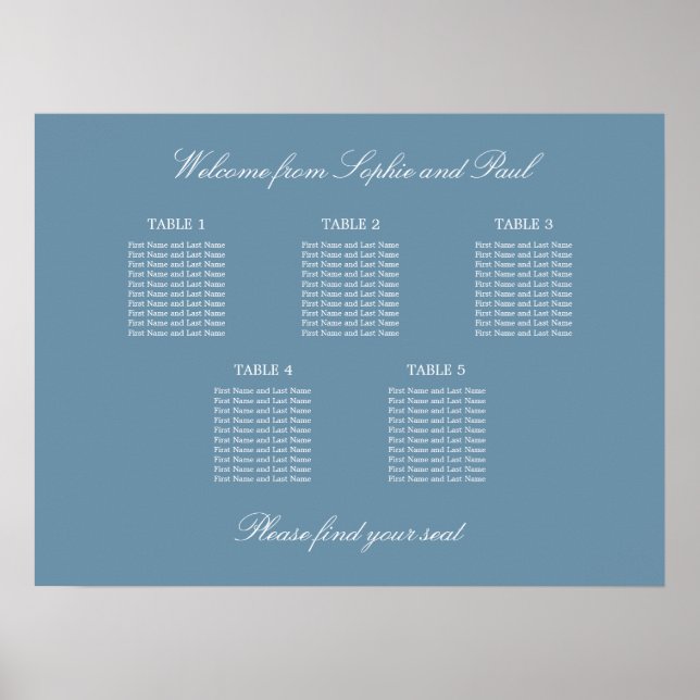 Dusty Blue 5 Table Wedding Seating Chart Poster (Front)