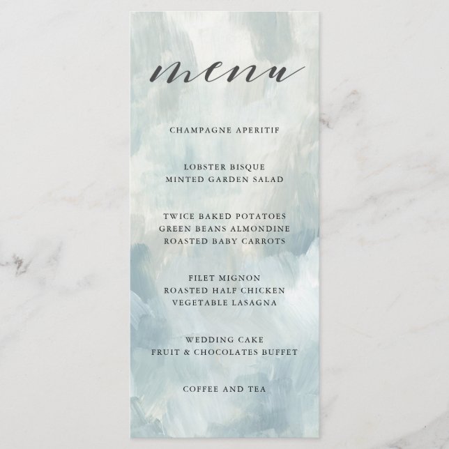 Dusty Blue Abstract Brushstrokes Wedding Menu (Front)