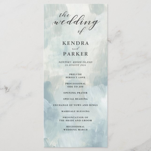 Dusty Blue Abstract Brushstrokes Wedding Program (Front)