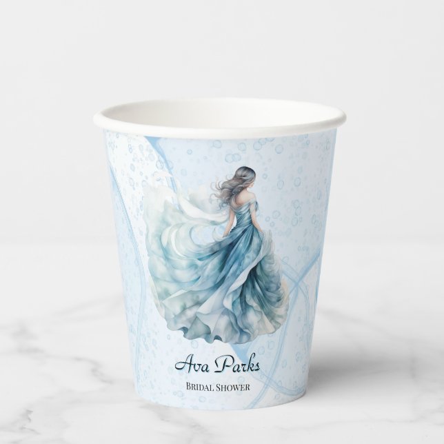 Dusty Blue Alcohol Ink Bride Bridal Shower Paper Cups (Front)