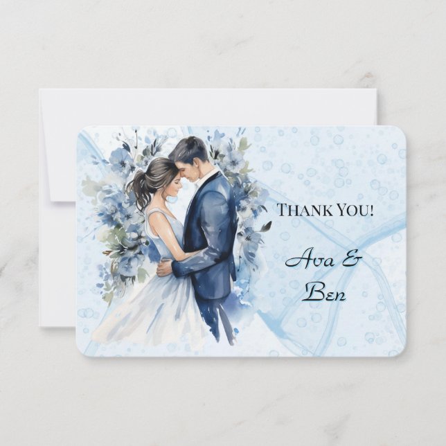 Dusty Blue Alcohol Ink Bride & Groom Thank You  (Front)