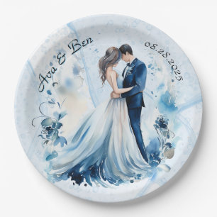 Dusty Blue Alcohol Ink Bride & Groom Wedding Paper Plate