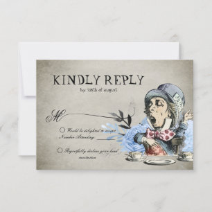 Dusty Blue Alice in Wonderland Mad Hatter Wedding RSVP Card