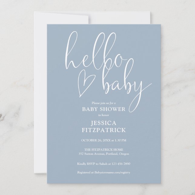 Dusty Blue All In One QR Code Hello Baby Shower Invitation (Front)