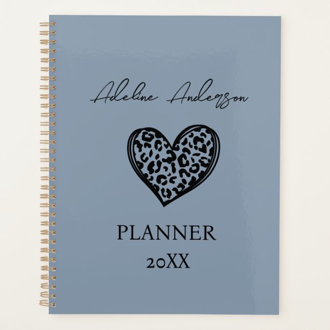 Dusty Blue and Black Leopard Pattern Heart  Planner (Front)