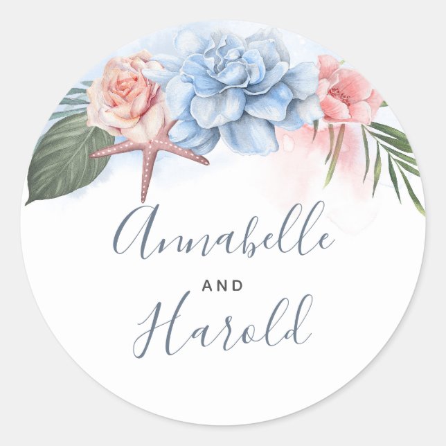Dusty Blue and Blush Beach Wedding Classic Round Sticker (Front)