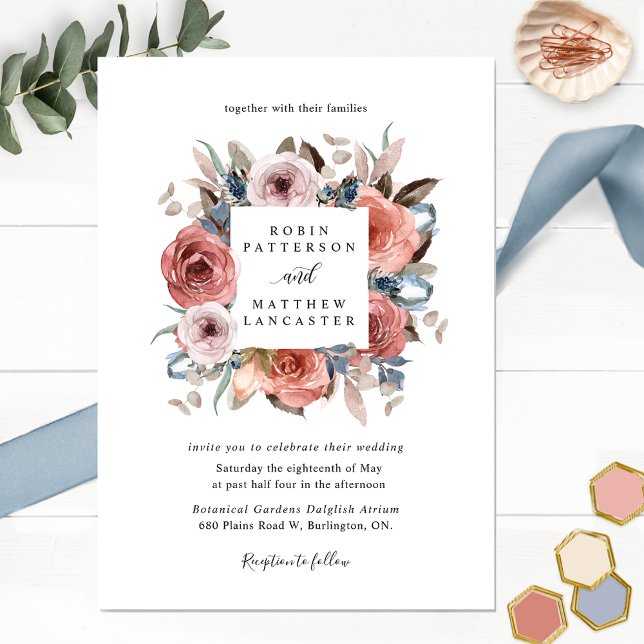 Dusty Blue and Blush Blissful Floral Wedding Invitation (Creator Uploaded)