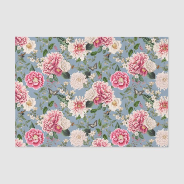 Dusty Blue and Blush Country Floral Pattern Tissue Paper (Front)