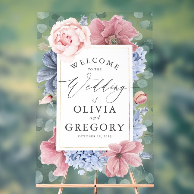 Dusty Blue and Blush Floral Wedding Welcome Acrylic Sign (Neutral)
