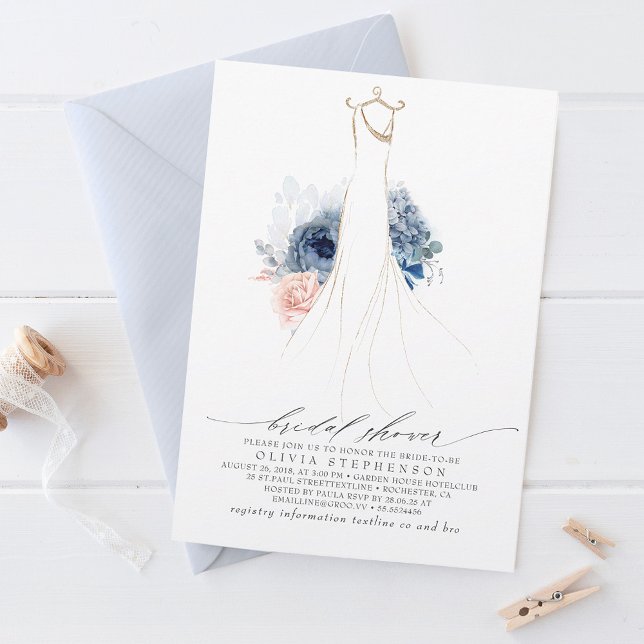Dusty Blue and Blush Flowers Dress Bridal Shower Invitation (Creator Uploaded)