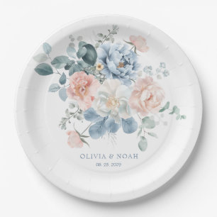 Dusty Blue and Blush Pink Floral Garden Wedding Paper Plate