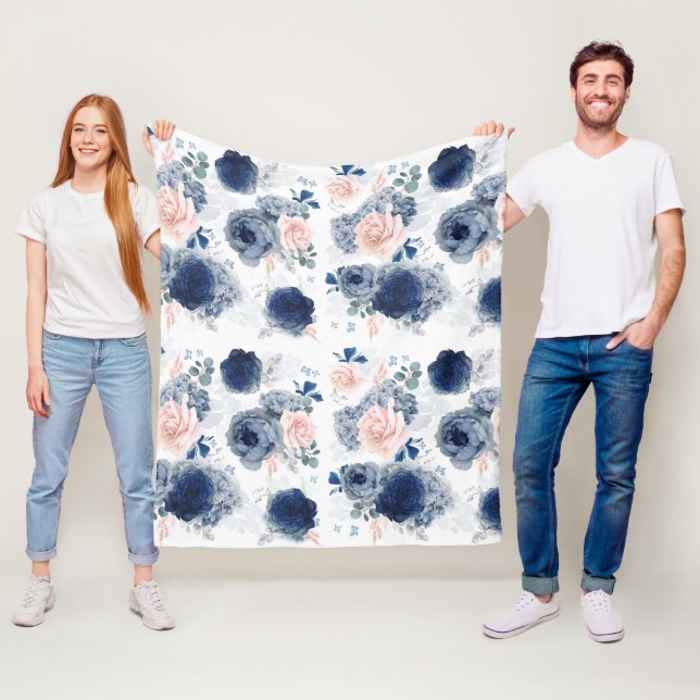 Dusty Blue and Blush Pink Flowers Elegant Stylish Fleece Blanket (In Situ)
