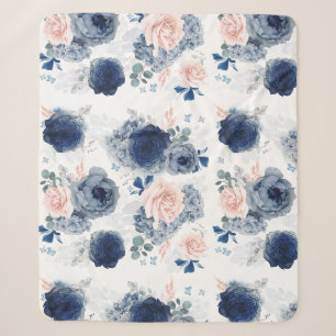 Dusty Blue and Blush Pink Flowers Elegant Stylish Sherpa Blanket