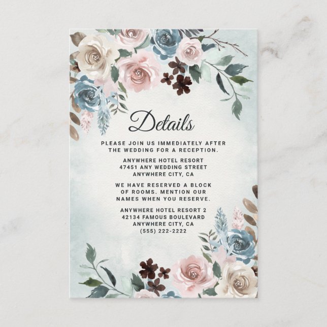 Dusty Blue and Blush Pink Mauve Floral Wedding Enclosure Card (Front)