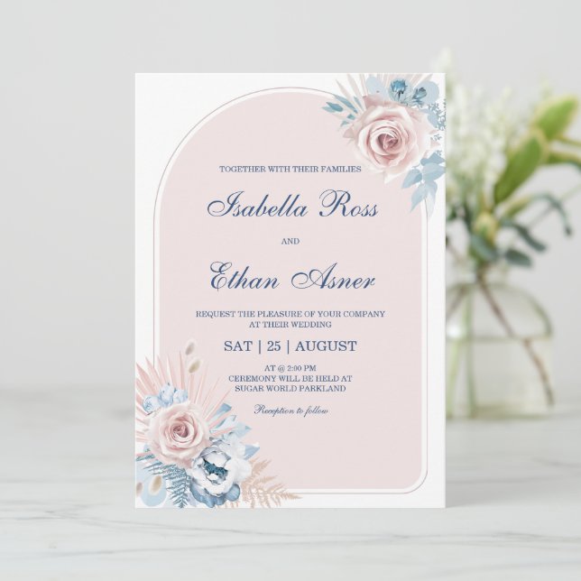 Dusty Blue and Blush Pink Wedding Invitation (Standing Front)