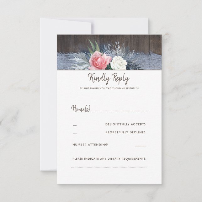 Dusty Blue and Blush Rustic Country Wedding RSVP (Front)