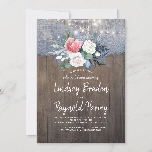 Dusty Blue and Blush Rustic Rehearsal Dinner Invitation (Front)
