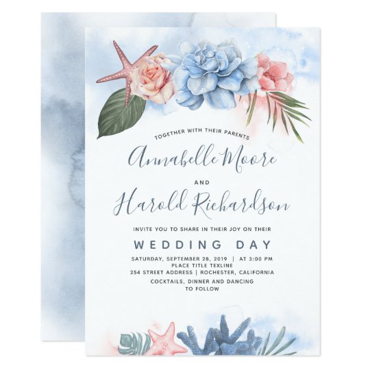 Dusty Blue And Blush Tropical Beach Wedding Invitation