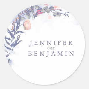 Dusty Blue and Blush Watercolor Flowers Wedding Classic Round Sticker