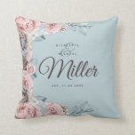 Dusty Blue and Blush Woodland Winter Wedding Throw Pillow<br><div class="desc">Celebrate your winter wedding with this floral woodland design featuring dusty pink watercolor roses,  cotton blossoms and blooming pine cones against a dusty blue linen watercolor background.</div>