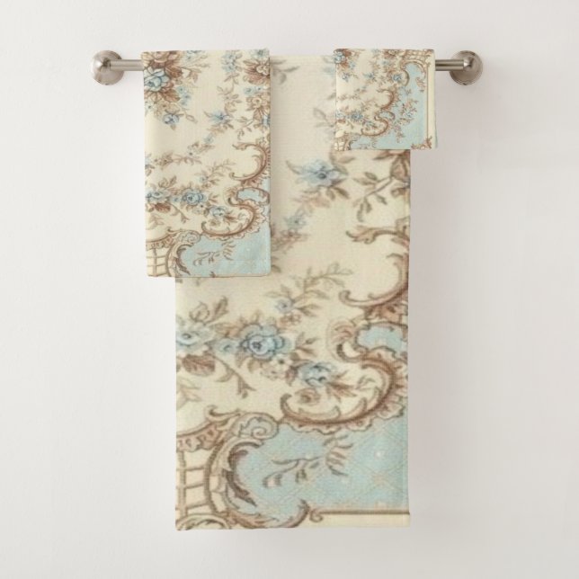 Dusty Blue and Brown Floral Oriental Bath Towel Set (Insitu)