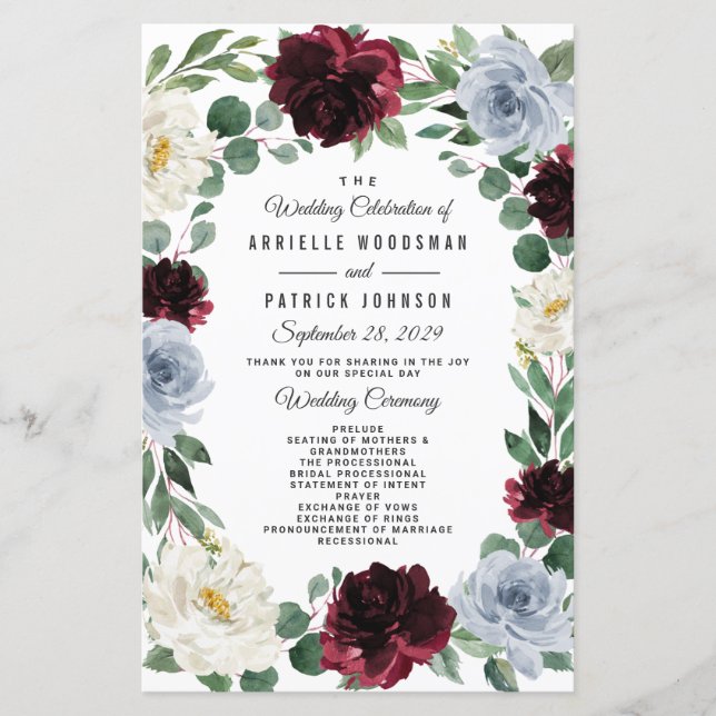 Dusty Blue and Burgundy Boho Fall Wedding Programs (Front)